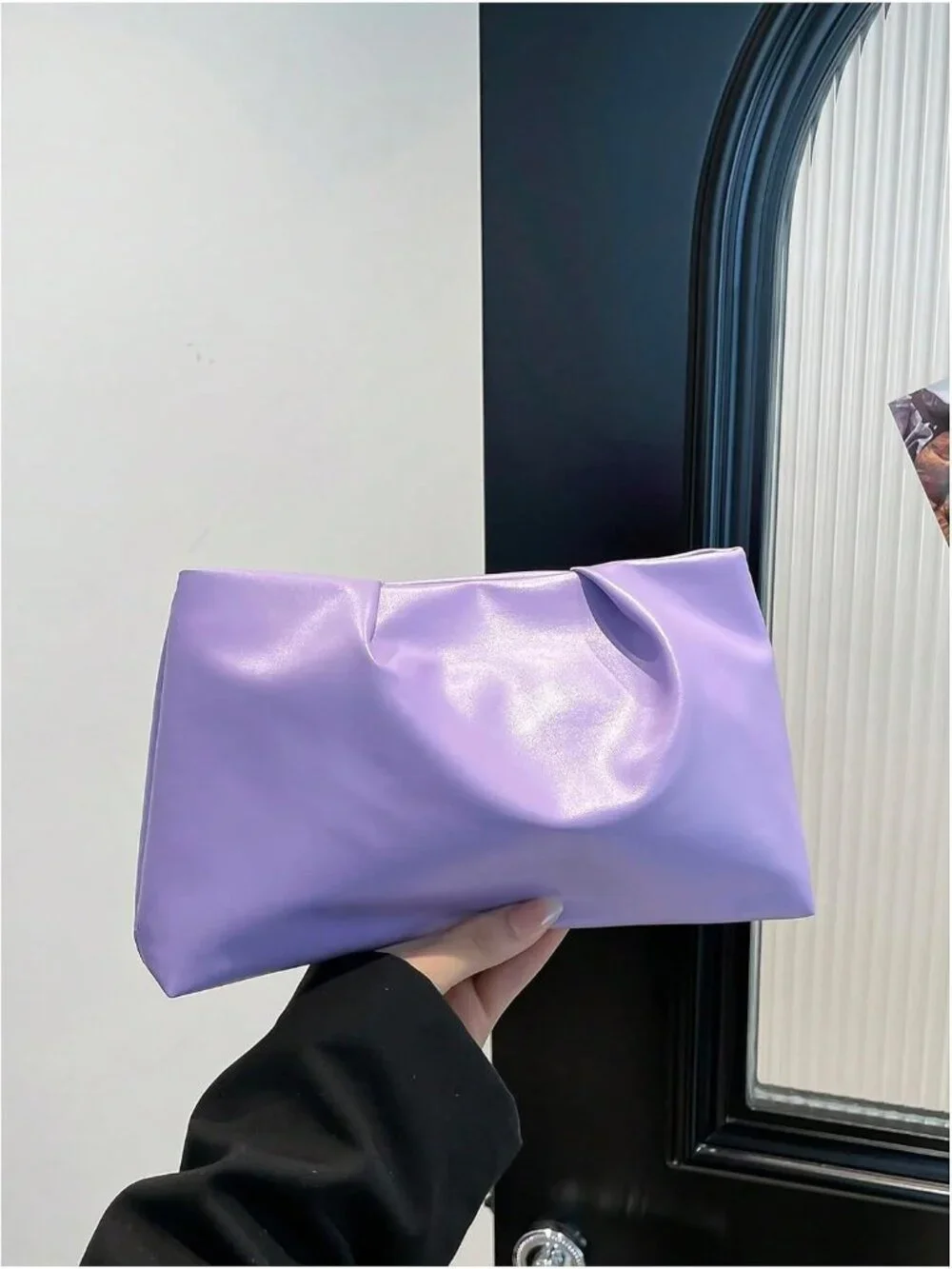 👜Women's Purple PU Leather Clutch Purses Small Zipper Elegant Ruched Handbag
